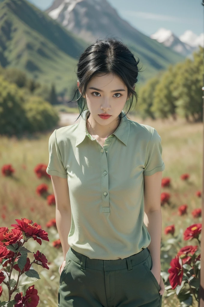 (((best quality))),(((ultra detailed))),(((masterpiece))),illustration,((1 beautiful girl,tomboy,solo)),(short black hair:1.3),((slim,thin)),((small breasts,thin)), vigorous, confident, (light green collared short-sleeved shirt:1.3), (dark green pants:1.2),(standing:1.3),simplicity, robustness, strong features, (Abandoned Gobi Scene:1.3),(Rock surface:1.2),glowing eyes, rebellious, sensible, (mountainous landscape:1.3), (beside a vibrant red flower:1.3),elegance, unyielding spirit, youthful beauty, strength, resilience, adversity, challenges,((from front,upper body))