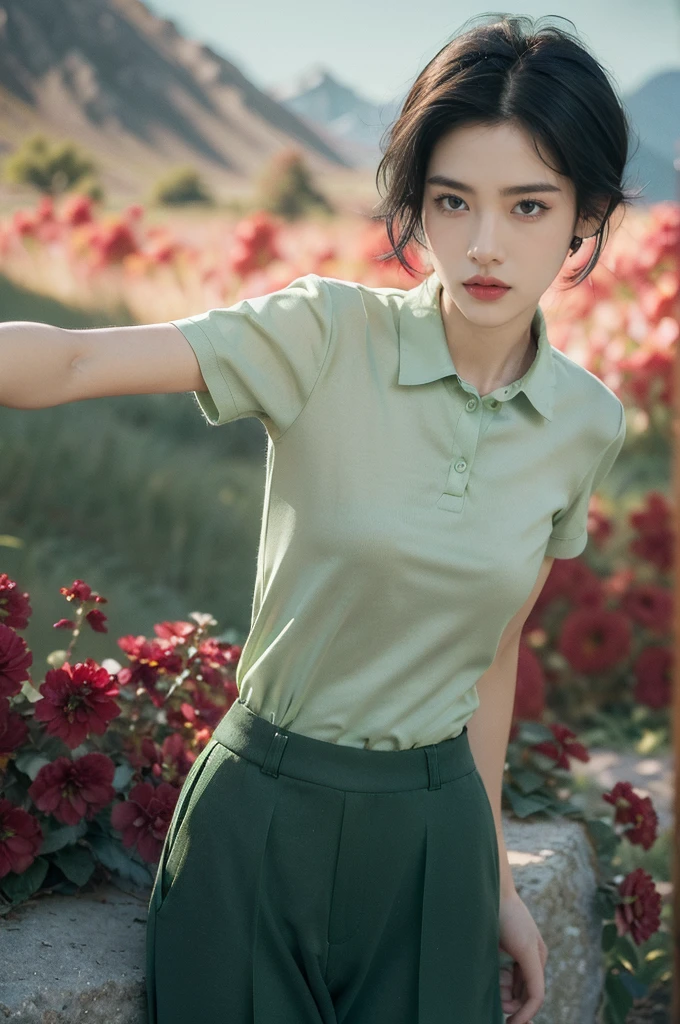(((best quality))),(((ultra detailed))),(((masterpiece))),illustration,((1 beautiful girl,tomboy,solo)),(short black hair:1.3),((slim,thin)),((small breasts,thin)), vigorous, confident, (light green collared short-sleeved shirt:1.3), (dark green pants:1.2),(standing:1.3),simplicity, robustness, strong features, (Abandoned Gobi Scene:1.3),(Rock surface:1.2),glowing eyes, rebellious, sensible, (mountainous landscape:1.3), (beside a vibrant red flower:1.3),elegance, unyielding spirit, youthful beauty, strength, resilience, adversity, challenges,((from front,upper body))