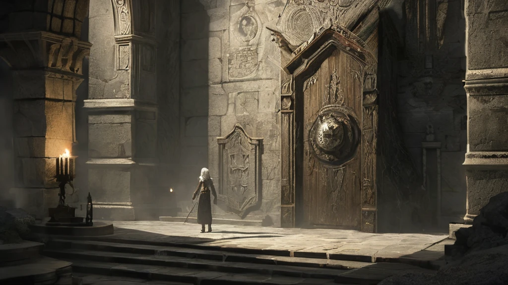In the dim, ancient chamber of a dark medieval castle, a brown-curly-haired boy and a white-haired girl stand side by side. The chamber is lit only by the faint, flickering light of torches mounted on the stone walls, casting eerie shadows that dance across their faces. The boy, with his untamed curls and curious eyes, clutches a weathered map, while the girl, with her striking white hair and intense gaze, holds a small, intricately carved amulet. The air is heavy with the scent of damp stone and aged parchment. Together, they face a large, ornate wooden door that creaks ominously, hinting at the mysteries and dangers that lie beyond. Their expressions are a mix of determination and trepidation as they prepare to uncover the secrets hidden within the castle's dark, labyrinthine depths.