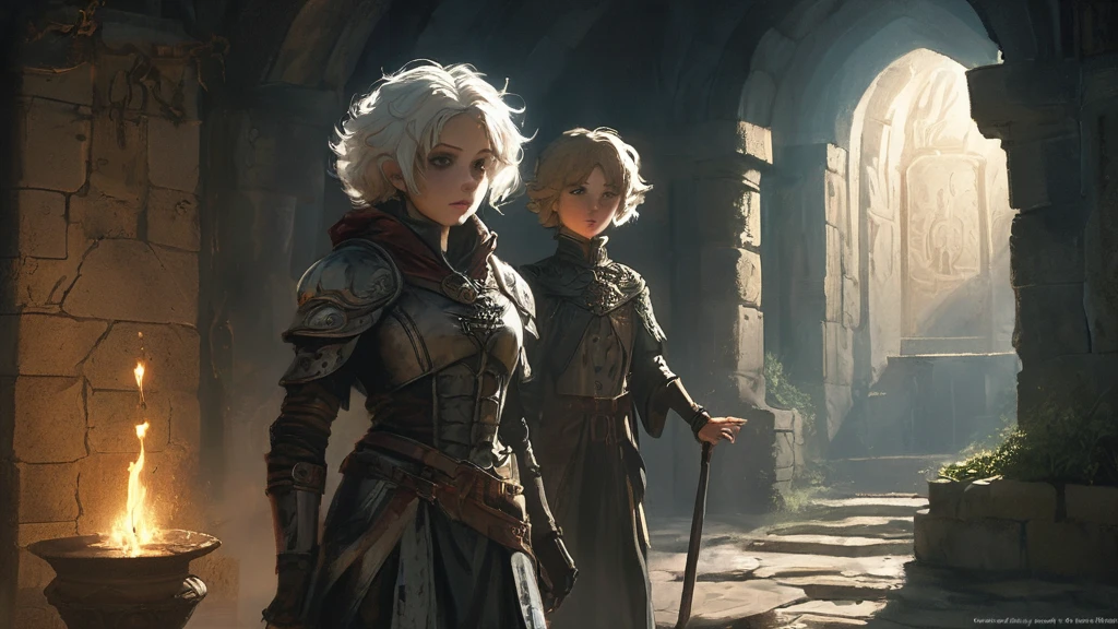 In the dim, ancient chamber of a dark medieval castle, a brown-curly-haired boy and a white-haired girl stand side by side. The chamber is lit only by the faint, flickering light of torches mounted on the stone walls, casting eerie shadows that dance across their faces. The boy, with his untamed curls and curious eyes, clutches a weathered map, while the girl, with her striking white hair and intense gaze, holds a small, intricately carved amulet. The air is heavy with the scent of damp stone and aged parchment. Together, they face a large, ornate wooden door that creaks ominously, hinting at the mysteries and dangers that lie beyond. Their expressions are a mix of determination and trepidation as they prepare to uncover the secrets hidden within the castle's dark, labyrinthine depths.