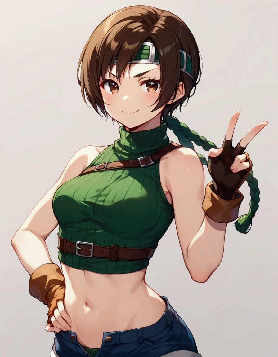 score_9, score_8_up, score_7_up,BREAK best quality,high quality,masterpiece,aesthetic,very aesthetic, soro,1girl,yuffie kisaragi,, final fantasy,short hair,headband,navel,sleeveless,turtleneck
brown eyes,
sleeveless turtleneck,gloves,crop top,brown hair,shorts,midriff,sweater,open fly,fingerless gloves,ribbed sweater,looking at viewer,smug,v-shaped eyebrows,wide eyes,v,hand on hip,