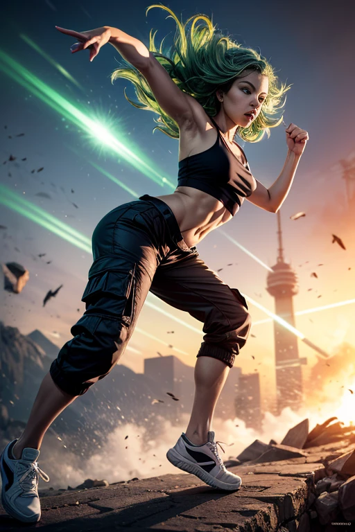 (masterpiece, best quality:1.2), Tatsumaki, beautiful face, solo, break dancing, power movements, strenuous movements, intense footwork, Dynamic Motion Blur, Sweat shines and pops, cyberpunk, lips apart, (green hair, brown eyes), Anatomically accurate hands and fingers, (crop top, cargo pants, sneakers), Fluttering hair, particles, atmosphere full of steam, professional lighting, cinematic lighting, Dynamic action scenes, 