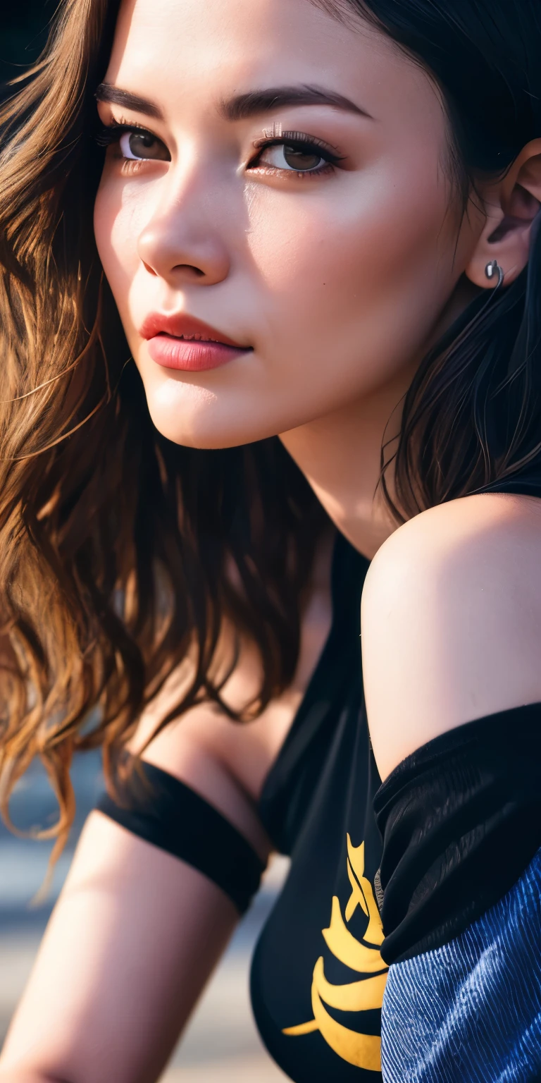((Close-up photo of face)), (Black eyes)), Full face portrait photo of 25 year old European girl, RAW, beautiful woman, semi-open strawberry lip, dimples, wistful expression, (Brown hair with extra long wavy), ((Detailed face)), ((Detailed facial features)), (Detailed detailed skin), Pale skin, (cool color), moist, Reflection, (Masterpiece) (Realistic Photography), (Best Quality), (Detail), (4k), (Wallpaper), (Cinematic Lighting), (Dramatic Lighting), (Sharp Focus), (Complex), RAW Photography, Gigachad Photography, Camera Pose, Black Jeans, Back Arm, 8K UHD, DSLR, High Quality, Grain Film, Fujifilm XT3, (Film Stock Photo 4 Kodak Portra 400 Camera F1.6 Lens Rich colors Ultra-realistic textures, dramatic lighting, Unreal Engine, Art Station Trends, Cinestir 800, Toughboy Style, Ultra Focus Face, Short Messy Hair, Off-Shoulder Crop Top,