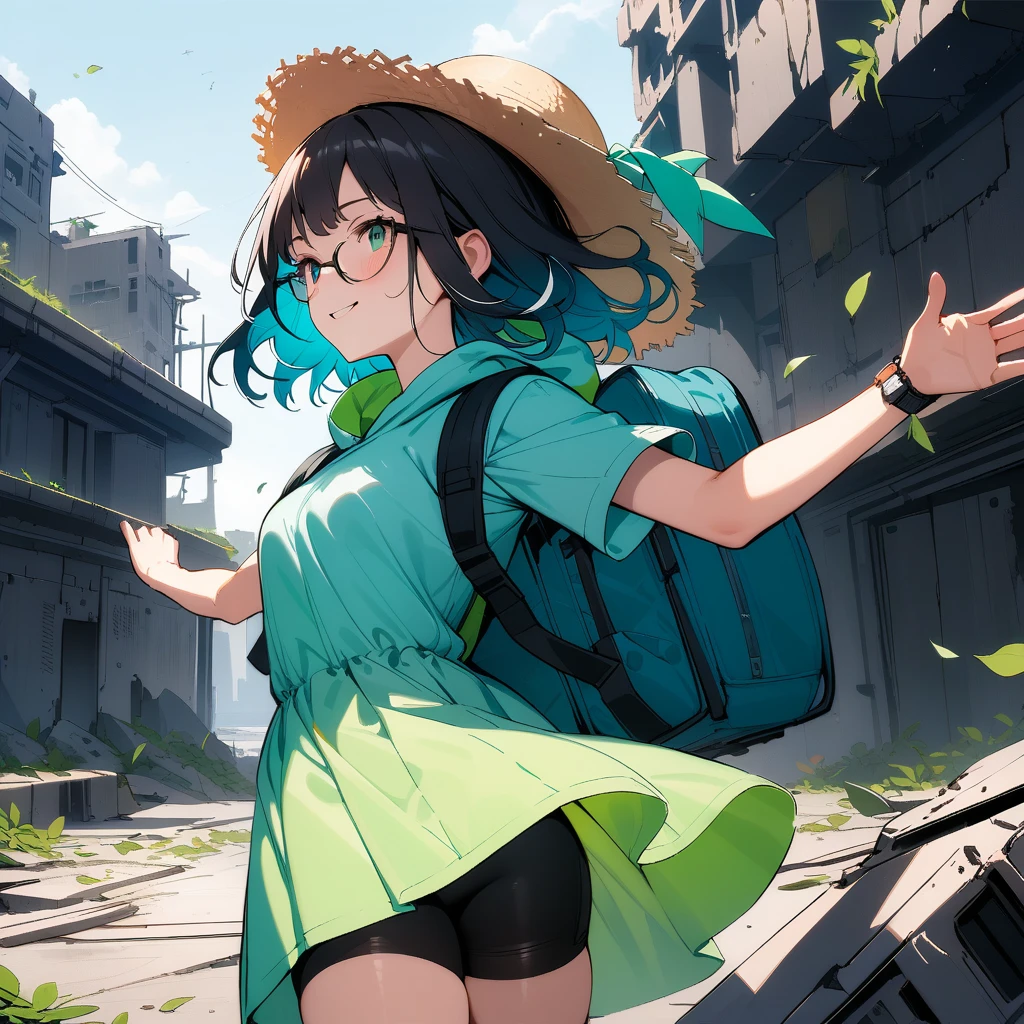 (masterpiece),(best quality),very aesthetic,(ultra-detailed),Collapsed civilization,(on the roof of a broken building),nsfw,1girl,25yo,slender,tall,medium hair,black hair,natural wave hair,flipped hair,dark green eyes,comfortable,smirk,glasses,(straw hat with leaf color ribbon),carrying a aqua blue rucksack, (thigh-high parka dress with gradient earth color,black bike shorts),short sleeves,Sneaker Shoes,short orange socks,broken wristwatch,Abandoned station platform,Broken concrete ground,Standing,(Throwing brown seeds,Arms swinging wide in front of girl),summer,from side,cowboy shot,looking away