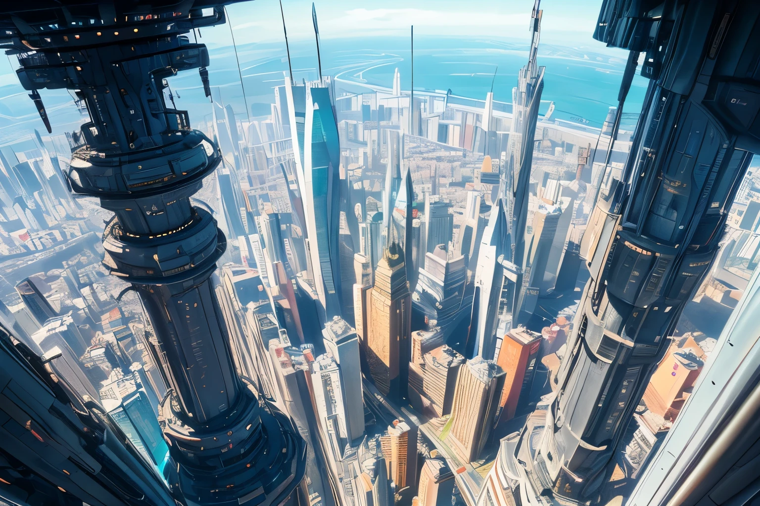 (((Background only、People are not drawn))), (dramatic, Grainy, intense:1.4),masterpiece, Highest quality, 32k Ultra HD, Insane Details, Intricate details, Super detailedな, super high quality, Attention to detail, Super detailed, masterpiece,
sf, sf, Future Technology, Flying Car、
Epic CG masterpiece, High resolution,German Touring, Furuha,8k, Super detailed graphic tension, Stunning colors, 3D Rendering, surrealism, Cinematic Lighting Effects, realism, 00 Renderer, Ultra-realistic, Super View, Ultra Wide Angle, In the city of the future、Future nation、Ultra-wide field of view、A large depiction of the sky、Miniature city、(A view from afar)、In the center stands a tall tower, the symbol of the city.、