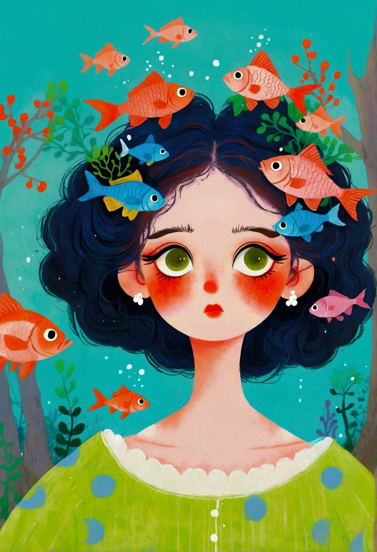 A painting of a woman with fish in her hair, Jin Nong&#39;s Surrealism, Winner of the Behance competition, Pop surrealism, Color illustrations, A beautiful artistic illustration, Colorfull illustration, Pop surrealism art style, Digital illustration style, Fantasy illustrations, Illustration Art, Magical surrealism, Digital fantasy illustration, Pop surrealism lowbrow art style