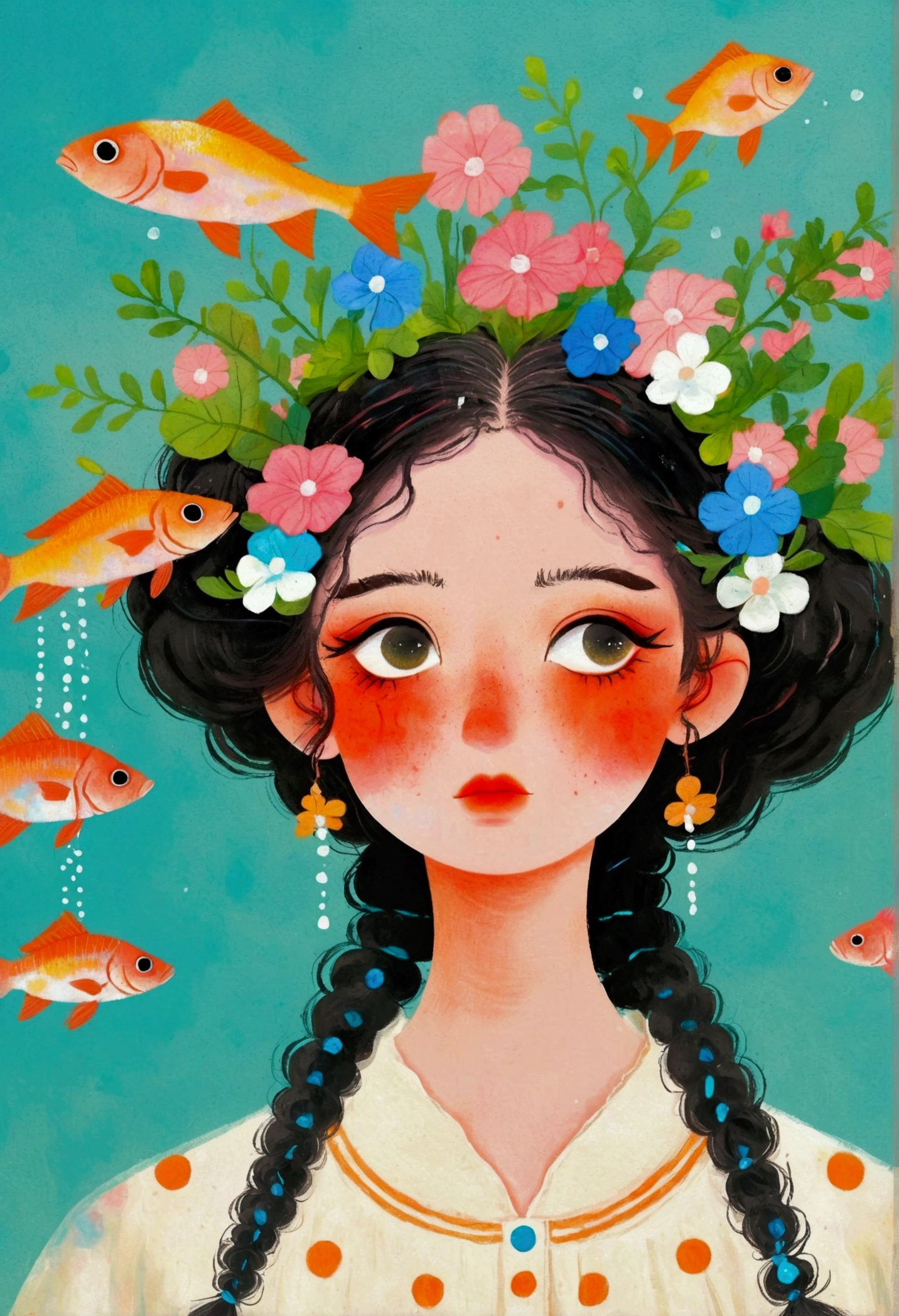 A painting of a woman with fish in her hair, Jin Nong's Surrealism, Winner of the Behance competition, Pop surrealism, Color illustrations, A beautiful artistic illustration, Colorfull illustration, Pop surrealism art style, Digital illustration style, Fantasy illustrations, Illustration Art, Magical surrealism, Digital fantasy illustration, Pop surrealism lowbrow art style