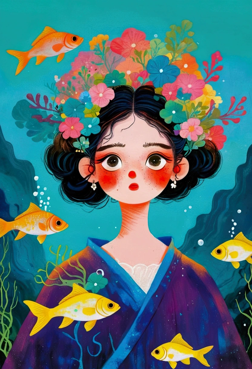 A painting of a woman with fish in her hair, Jin Nong's Surrealism, Winner of the Behance competition, Pop surrealism, Color illustrations, A beautiful artistic illustration, Colorfull illustration, Pop surrealism art style, Digital illustration style, Fantasy illustrations, Illustration Art, Magical surrealism, Digital fantasy illustration, Pop surrealism lowbrow art style
