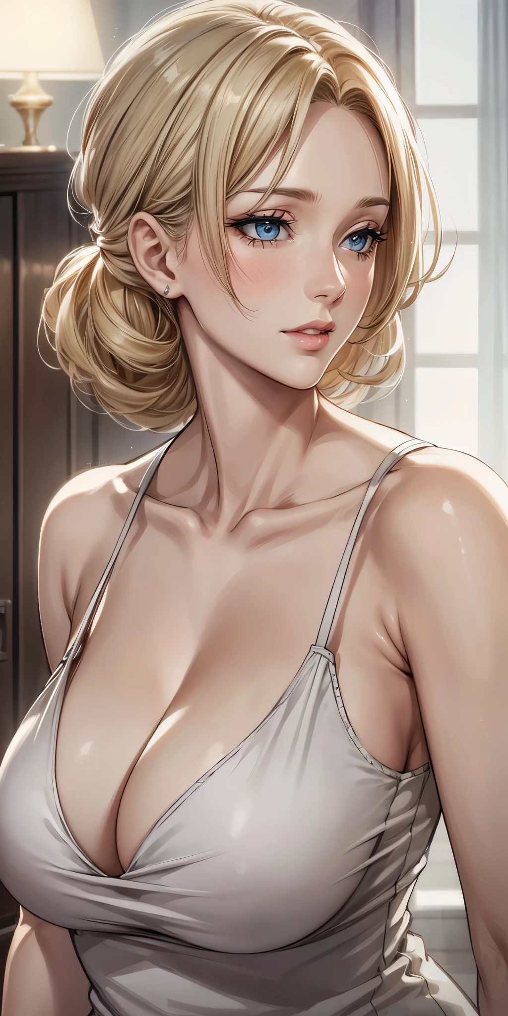 Seductive mature woman, milf, brown eyes, blonde hair, soft light, 4k resolution, high quality, beautiful cg