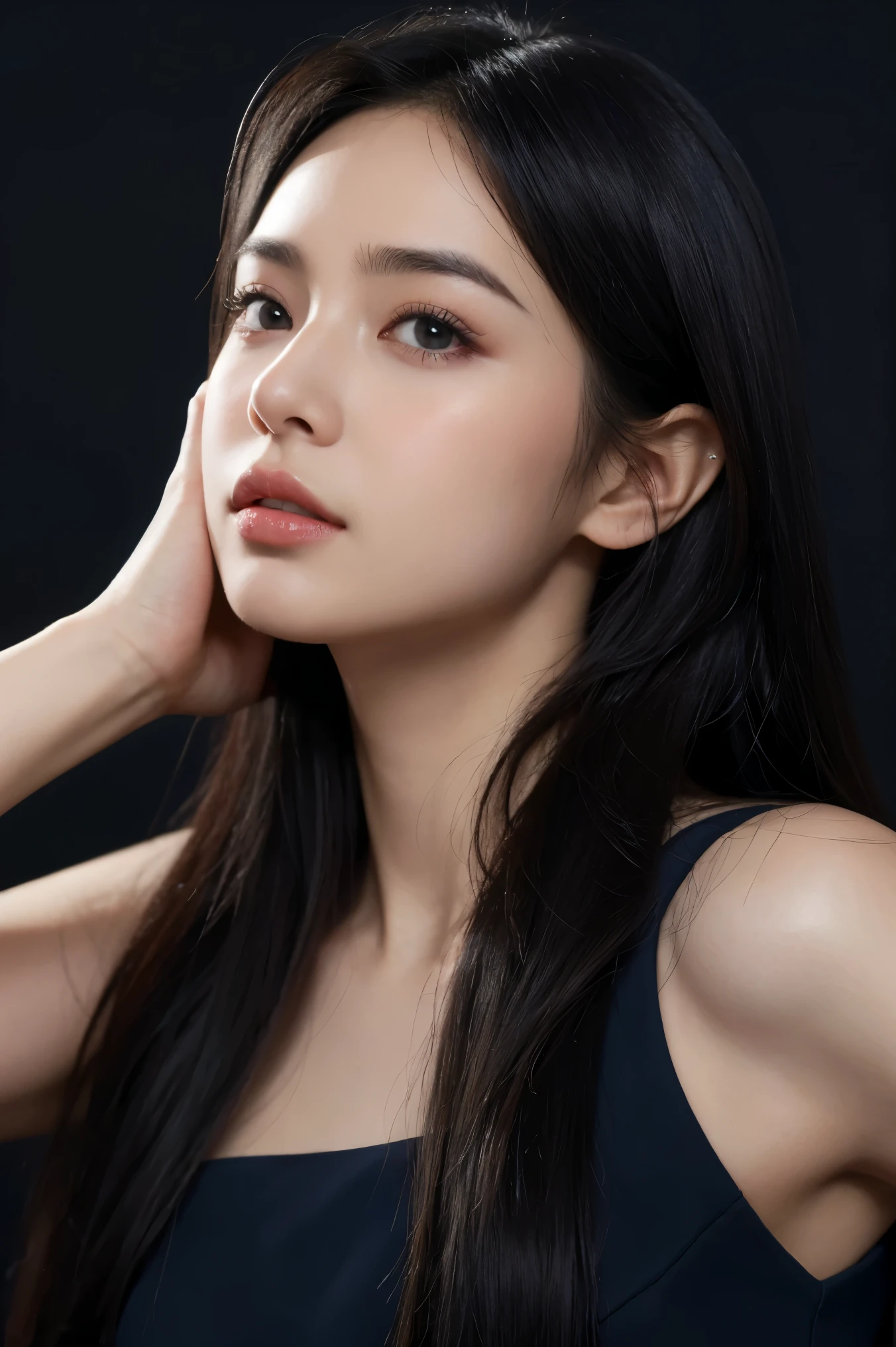navy blue background, (best quality,4k,8k,highres,masterpiece,ultra-detailed), elegant portrait, beautiful detailed eyes, beautiful detailed lips, photography ,low lightning, portrait ,black hair, natural long hair, 28 years old, full dress, closed mouth, no teeth showing, real textured skin, body facing camera, showing hands, perfect hands, dark photo, far view, pakaian tertutup