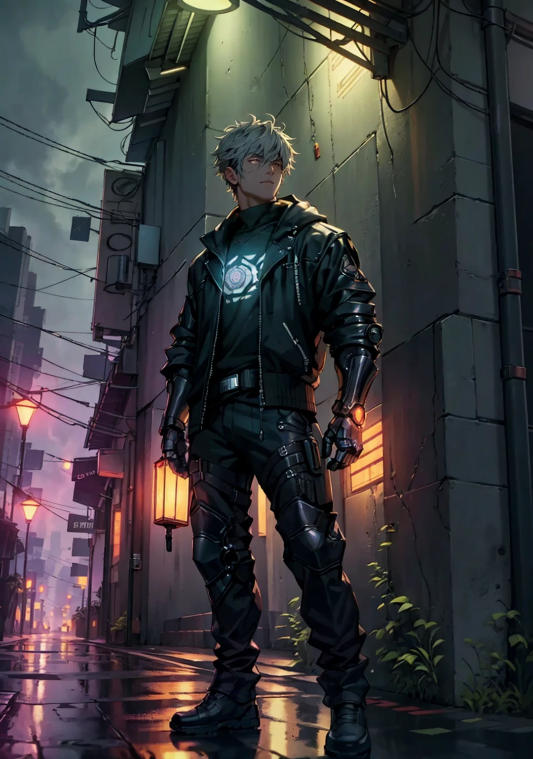 Ultra detail, high resolution, super detail, best quality, amazing, top quality, extremely detailed CG Unity 8k wallpaper, movie lighting, cat fans, cyberpunk, dark boy, mechanical arm, rainy night, standing under a street lamp, back against the wall, smoking, handsome face, cyberpunk, dark boy, mechanical arm, rainy night, night, rain, standing under a street lamp, leaning against a street lamp pole, with pitch-black broken hair on his head, the feathers on both sides of his head are as black as ink, but his eyes are very determined, as if nothing can completely defeat him. He is wearing a black sweatshirt, T-shirt, sweatshirt, and iron arm guards on both sides, two-dimensional, 4K, full body, mecha, iron arm, arm nice shine