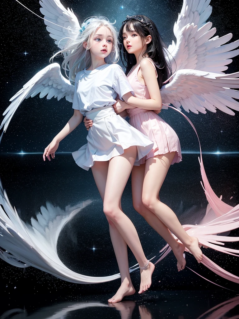 High-quality images,Standing in front of the mirror, I hold my hands together with my reflection,cosmic starry sky,Beautiful Landscape,Floating in the air,tears,A moving moment,Girl,,Light blue eyes,White Hair,White shirt,Lower body exposed,Light pink little angel wings,Black hair band,A wine-red miniskirt floats,barefoot