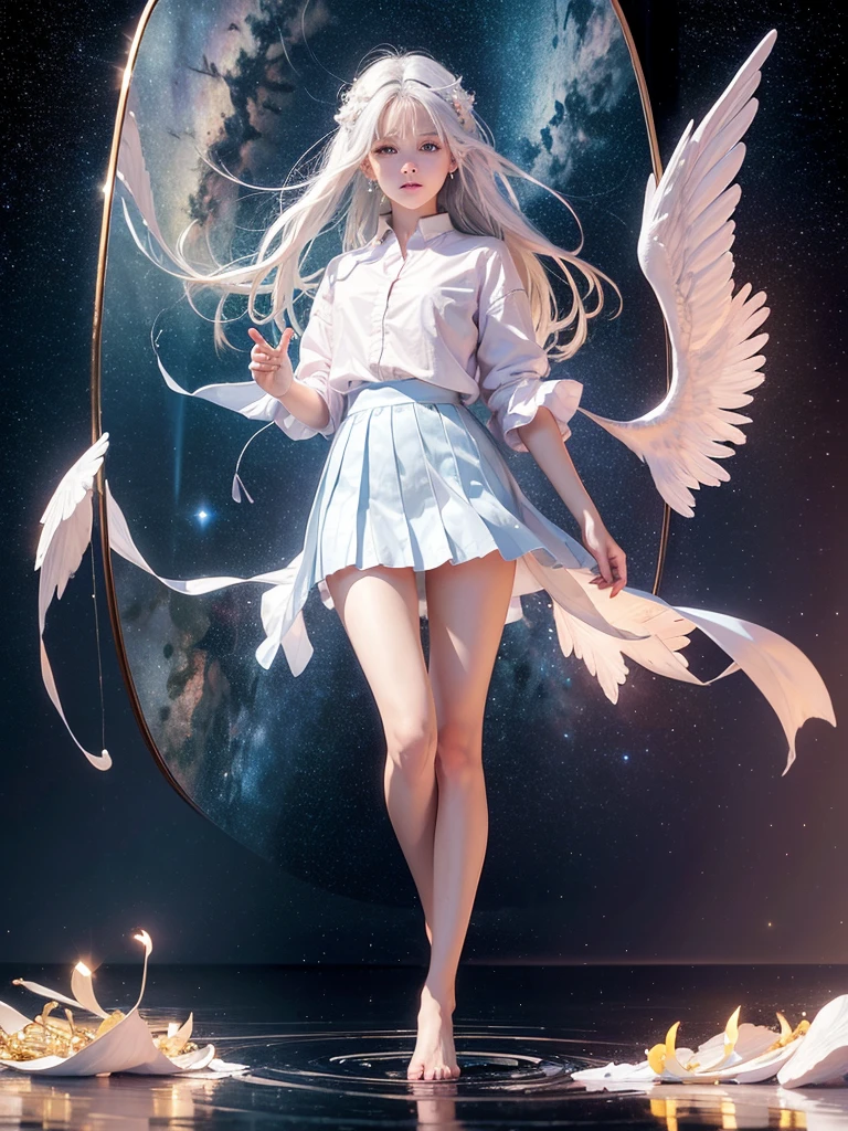 High-quality images,Standing in front of the mirror, I hold my hands together with my reflection,cosmic starry sky,Beautiful Landscape,Floating in the air,tears,A moving moment,Girl,,Light blue eyes,White Hair,White shirt,Lower body exposed,Light pink little angel wings,Black hair band,A wine-red miniskirt floats,barefoot