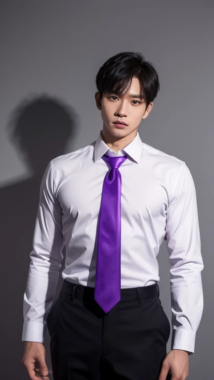 solo , 1man , thai man , white shirt with collar , purple necktie , black Long pants 