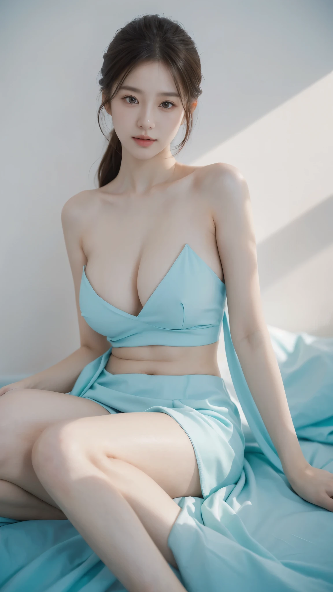 1 girl, masterpiece, best quality, best quality, Amazing, beautiful detailed eyes, finely detailed, depth of field, extremely detailed CG unity 8k wallpaper, full body, neck beauty, white skin color, open cyan clothe from neck, cyan sexy colored cloths, half chest,big breast ,photorealistic, mix4,