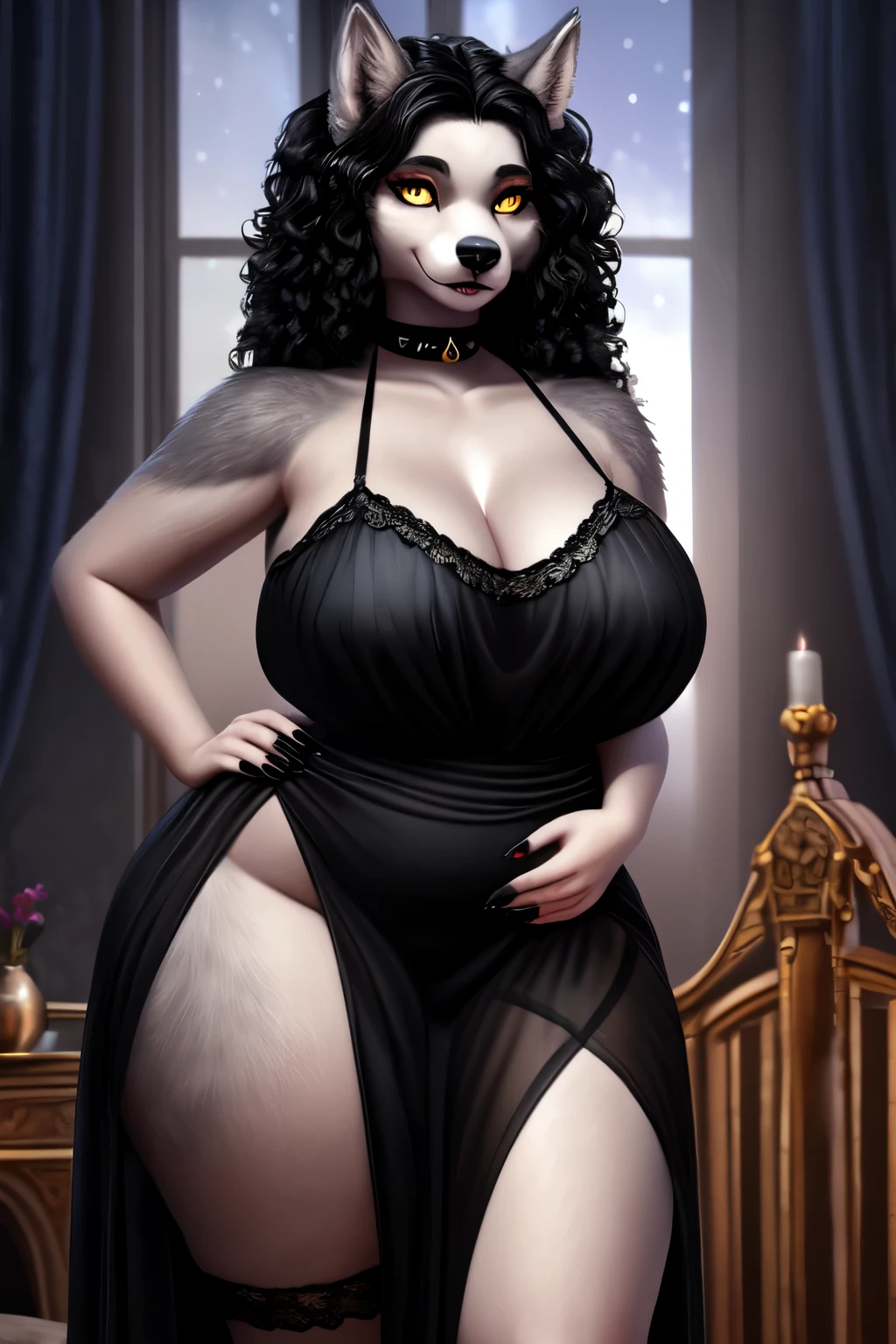 1girl, anthro furry wolf, plus size, wide thighs, full body, black curly hair, golden eyes, high resolution, photorealistic, cute looking, detailed realism, detailed grey fur, 4k, soft, big butt, saggy big breasts, choker, black bra, hand socks, black flared pants, goth