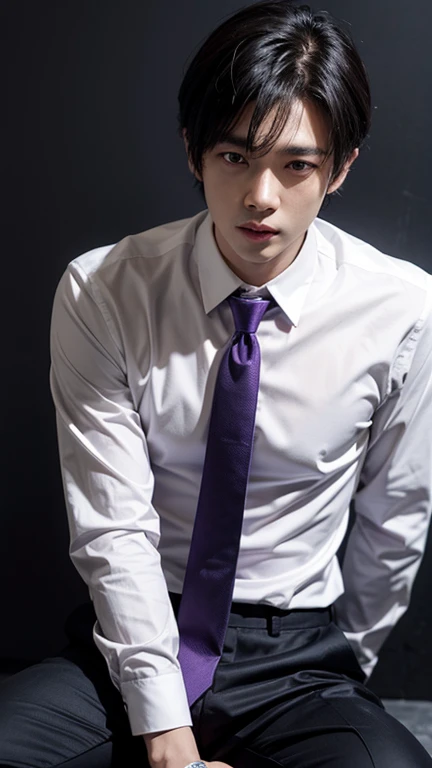 solo , 1man , thai man , white shirt with collar , purple necktie , black Long pants , sit 