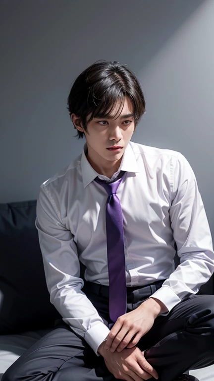 solo , 1man , thai man , white shirt with collar , purple necktie , black Long pants , sit