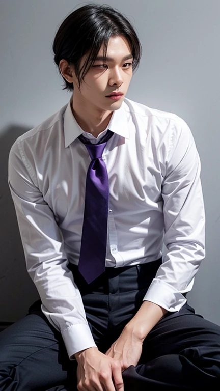 solo , 1man , thai man , white shirt with collar , purple necktie , black Long pants , sit 