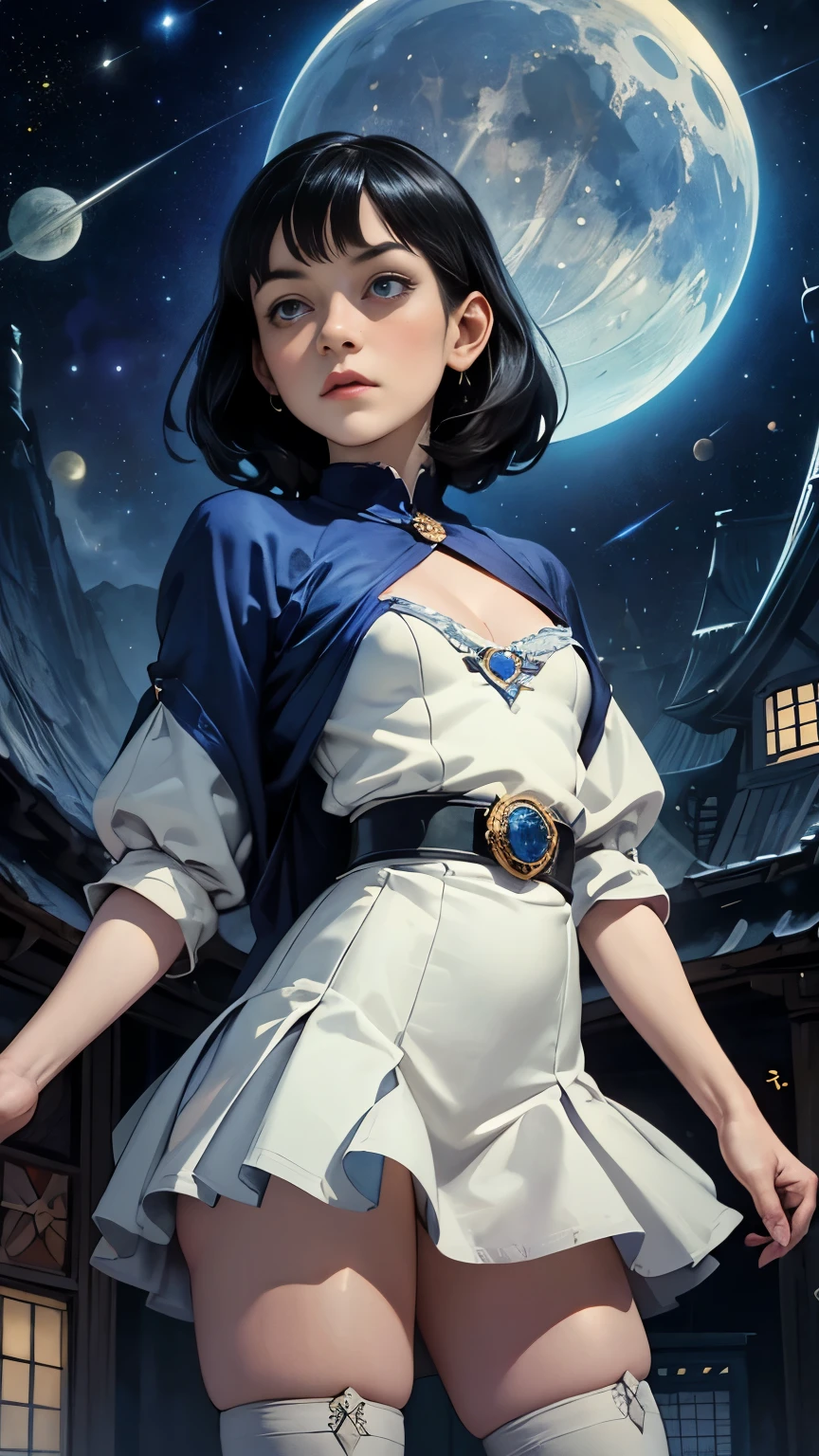 Maurice Sendak, Mabel Attwell, Margaret Tarrant, Dorian Cleavenger, A E Marty, Surrealism, wonder, strange, fantastical, fantasy, Sci-fi, Japanese anime,  beautiful girl from the moon cat tribe singing in the solar system network, stage lighting, starry night, detailed masterpiece 