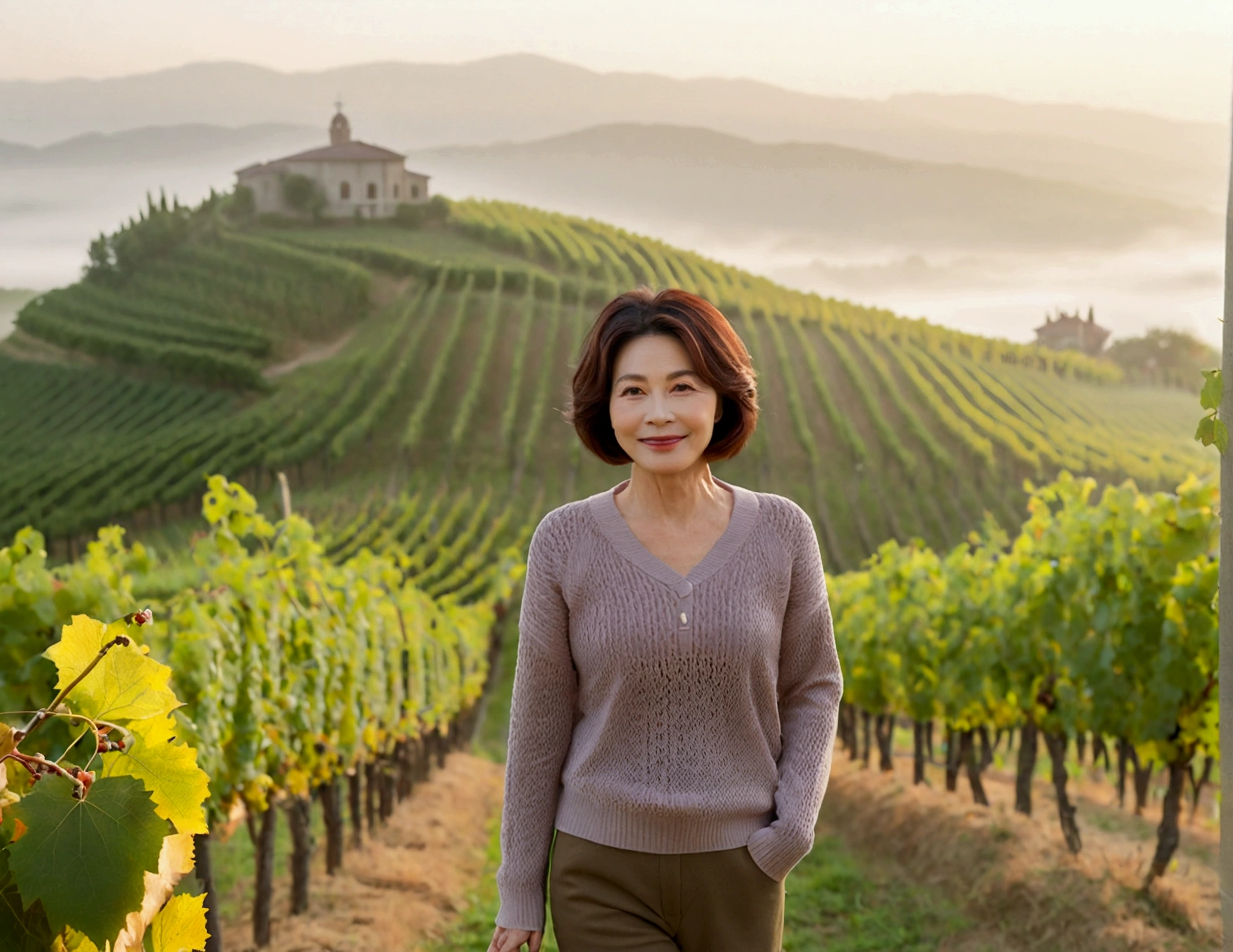 Italy foggy countryside dawn, Endless vineyards, A cathedral can be seen far away in the fog.. Close-up of a Korean woman in her 40s, Wearing a luxury brand slightly thick knit, casual pants, Korean woman with beautiful short medium bob hair, Standing on a path on top of a vineyard hill, Beautiful Korean woman with bright and clear skin, Stunning Korean woman smiling, standing in the vineyard , Cowboy Shot Pose, 1 woman