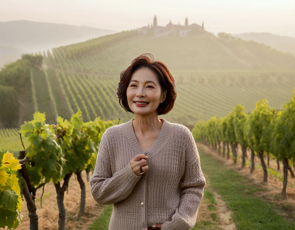Italy foggy countryside dawn, Endless vineyards, A cathedral can be seen far away in the fog.. Close-up of a Korean woman in her 40s, Wearing a luxury brand slightly thick knit, casual pants, Korean woman with beautiful short medium bob hair, Standing on a path on top of a vineyard hill, Beautiful Korean woman with bright and clear skin, Stunning Korean woman smiling, standing in the vineyard , Cowboy Shot Pose, 1 woman