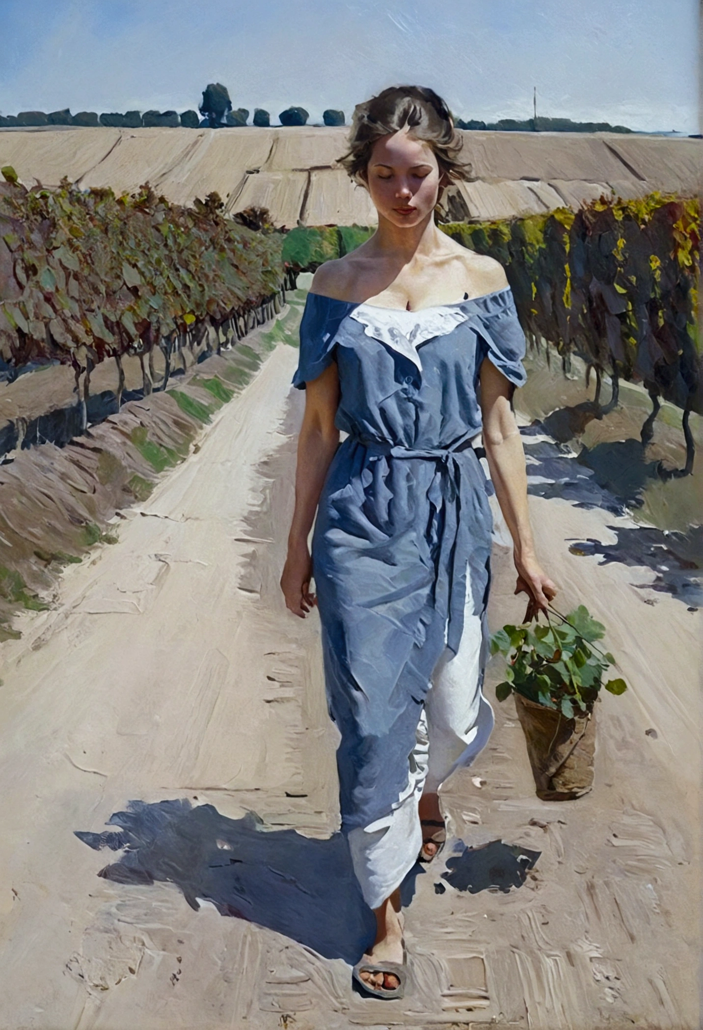 A oil painting,  slender girl, big breasts, naked, a vineyard in the background, walking