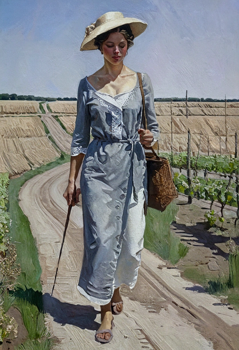 A oil painting, woman walking, a vinjard, face to viewer