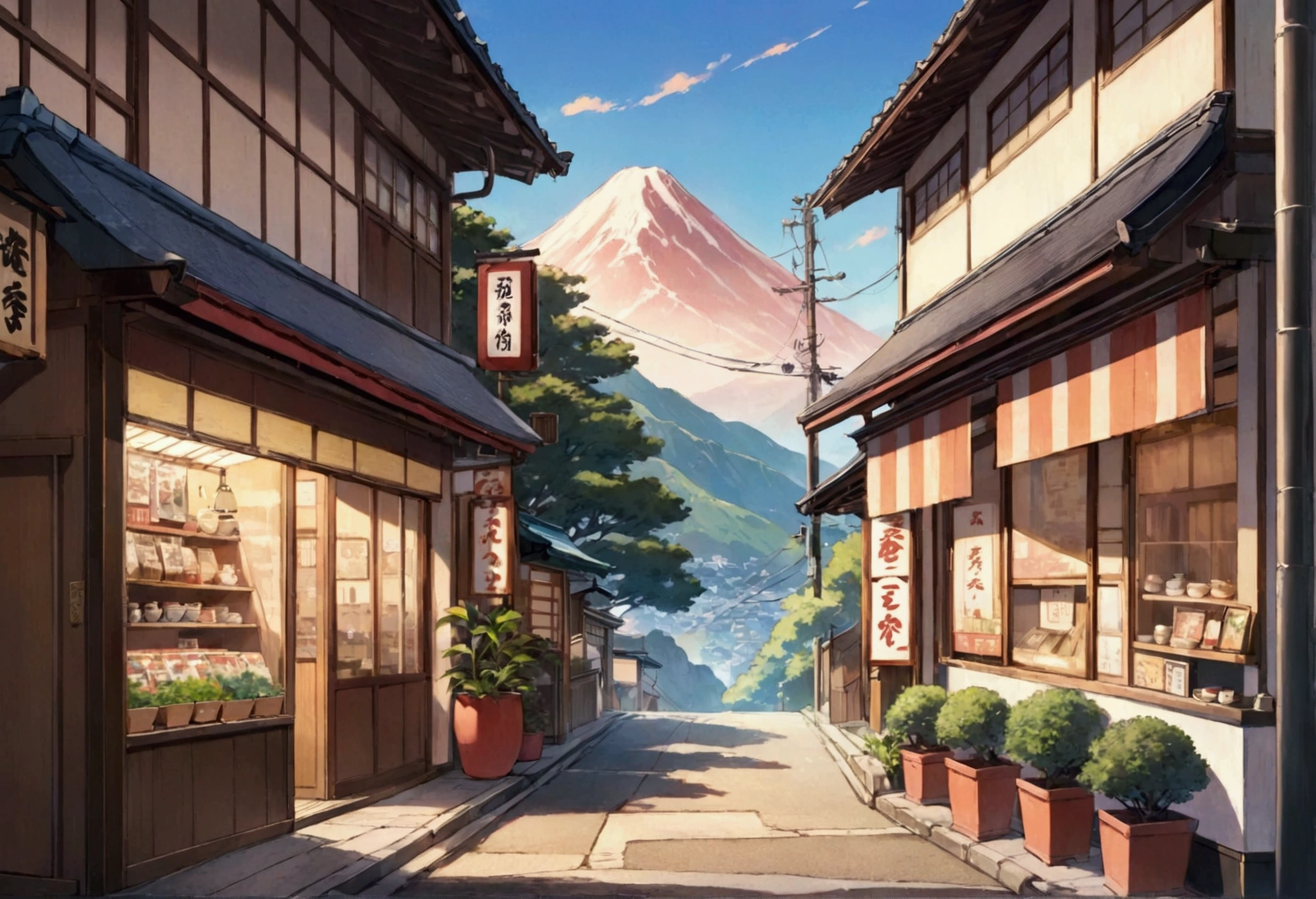 anime background, anime wallpaper, anime, anime style, admiration, admiration style,, mountains, uphill, japanese showa era architecture, small japanese shops, big retro japanese shop signs, retro japan shop, tree, plant, rock, flowerpot, shop sign, japanese banner, japanese sign, flag, sunrise, golden hour, golden lighting, empty street, nobody in sight, (nobody: 1), Top quality, ghibli, Taisho Roman,lofi art