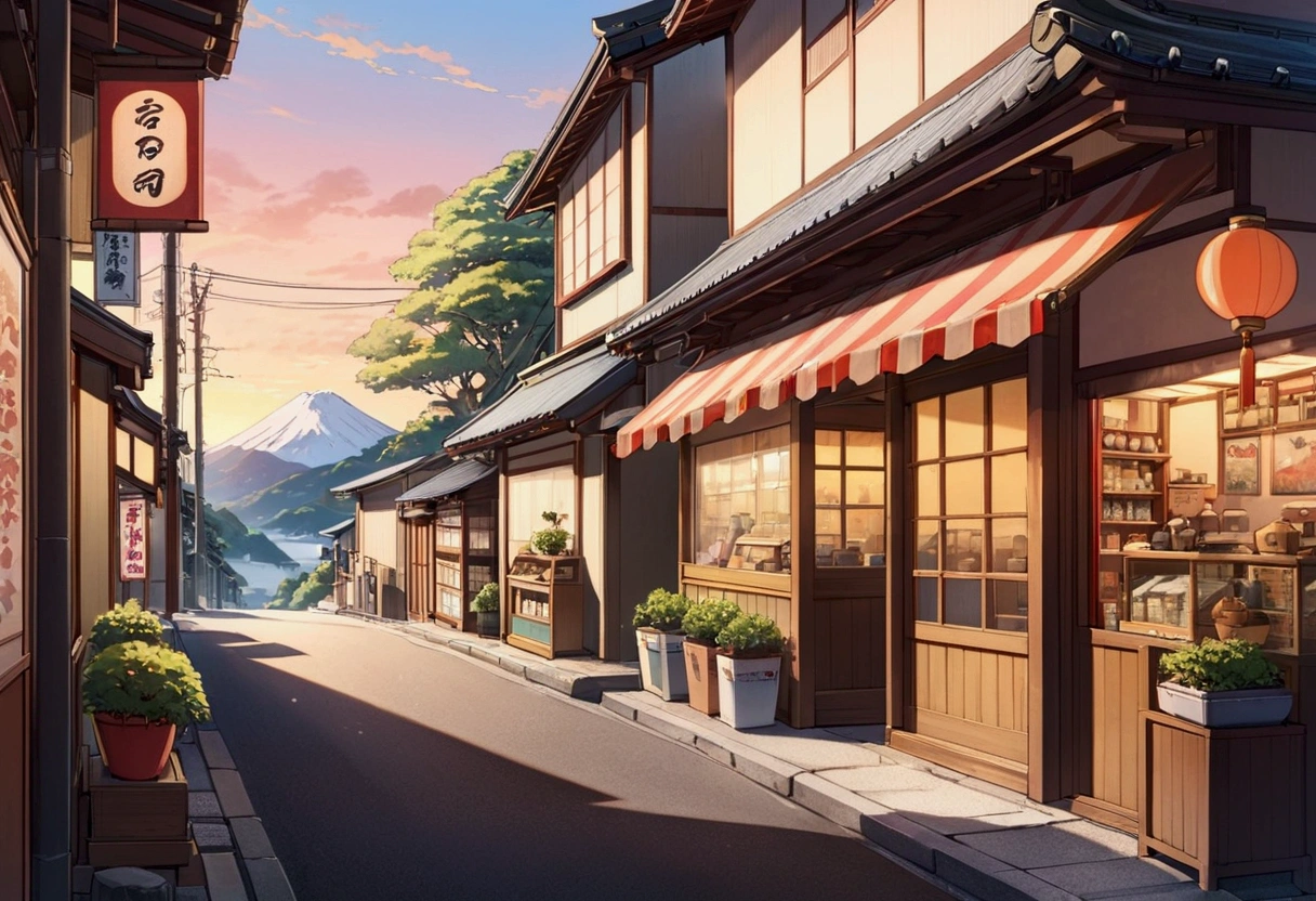 anime background, anime wallpaper, anime, anime style, admiration, admiration style,, mountains, uphill, japanese showa era architecture, small japanese shops, big retro japanese shop signs, retro japan shop, tree, plant, rock, flowerpot, shop sign, japanese banner, japanese sign, flag, sunrise, golden hour, golden lighting, empty street, nobody in sight, (nobody: 1), Top quality, ghibli, Taisho Roman,lofi art