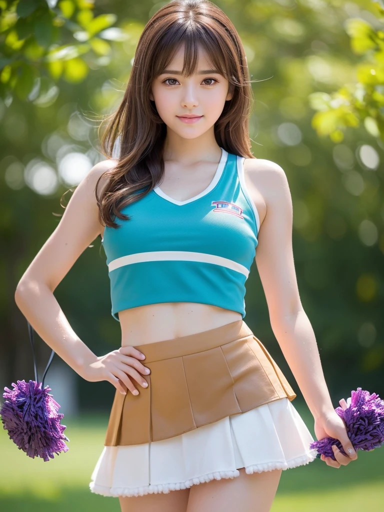 masterpiece, Highest quality, Very detailed, High resolution, (Realistic, photoRealistic:1.37), One beautiful woman, 18-year-old, sexy, Cheerleader, (Holding a pom-pom in both hands:1.3), (mini skirt, Thighs, focus:1.5), smile, cheer leading, Cheerleader uniform, Blue Tank Top, 白いマイクロプリーツmini skirt, ((Very delicate and beautiful)), (Bokeh, Blurry outdoor background), Brown Hair, Long Hair, bangs, Very beautiful face, Cute type, Big Natural Color Lip, Big and pretty eyes, Brown eyes, Obvious double, Small and cute nose, Soft Skin, (Glowing Skin, Sweaty: 1.2)'Beautiful legs, 豊満なThighs, Plump body, Huge breasts, (Expresses the roundness and softness of the chest area........1), Beautiful body, (A perfect feminine figure) , Spread your legs, (Provocative dynamic pose), Skirt flip,