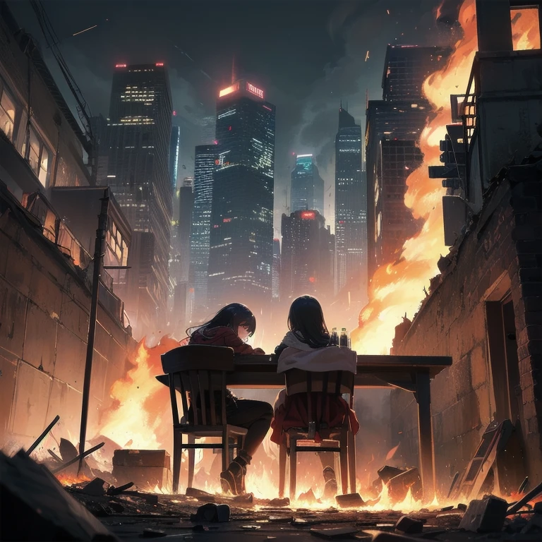 (2girls), alone, lonely, sad, depressing, dark, cinematic, (watching the world burn), apocalypse, world ending, ruined buildings, dynamic shot, madness, glee, disappointment, stand above all, against the odds, desperate prayer, grim fate, cruel hope, death awaits, (high-fantasy), (((drinking beer on a lone chair in the middle of nowhere))), (fire all around), (burning flames all around), cinders, blaze, (gravestones everywhere), ((((one hundred red swords piercing ground)))), metropolis, skyscraper, (cityscape), end of the world, panorama, city exploding, warzone, ((((one girl leaning head on other girls shoulder)))), nonchalant
