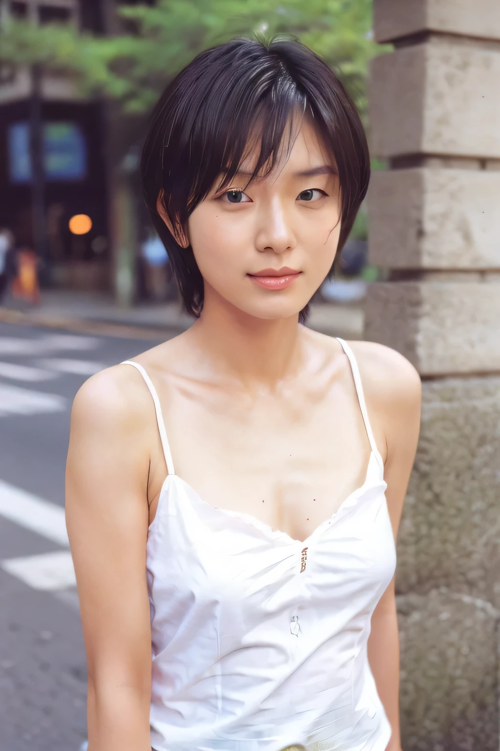 NSFW:1.5,((highest quality、8K resolution、master masterpiece、portrait:1.3)), Photoreal, 35mm film, 1 Japanese female, Upper body、on the street during the day, wrinkles around the eyes、plump body、cleavage、boyish_pixie cut、smile,((sexy camisole :1.3)) , (outdoor:city street 1.3), jumbled background,look at the audience,Tokyo cityscape:1.3