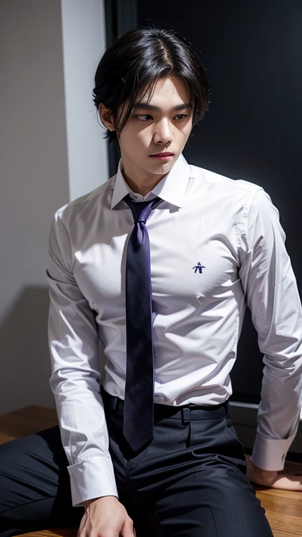 solo , 1man , thai man , white shirt with collar , purple necktie , black Long pants , sit 