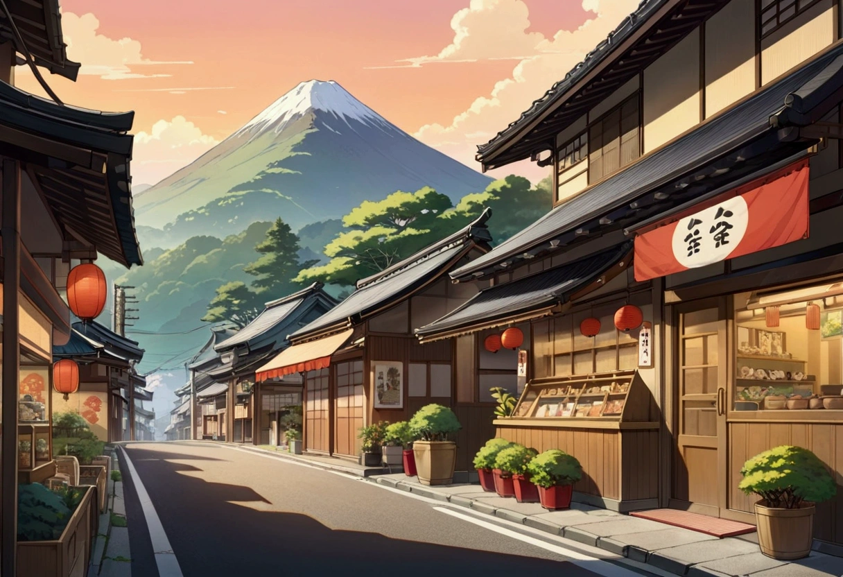 anime background, anime wallpaper, anime, anime style, admiration, admiration style,, mountains, uphill, japanese showa era architecture, small japanese shops, big retro japanese shop signs, retro japan shop, tree, plant, rock, flowerpot, shop sign, japanese banner, japanese sign, flag, sunrise, golden hour, golden lighting, empty street, nobody in sight, (nobody: 1), Top quality, ghibli, Taisho Roman,lofi art