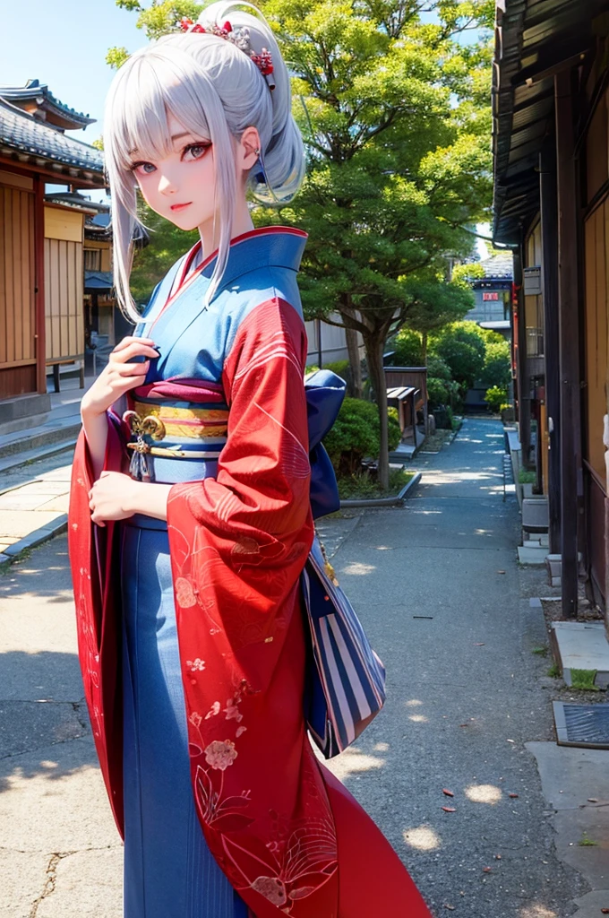 Silver Hair ponytail Red Corner Malume Golden Eyes The city of Kyoto Light blue kimono Beauty