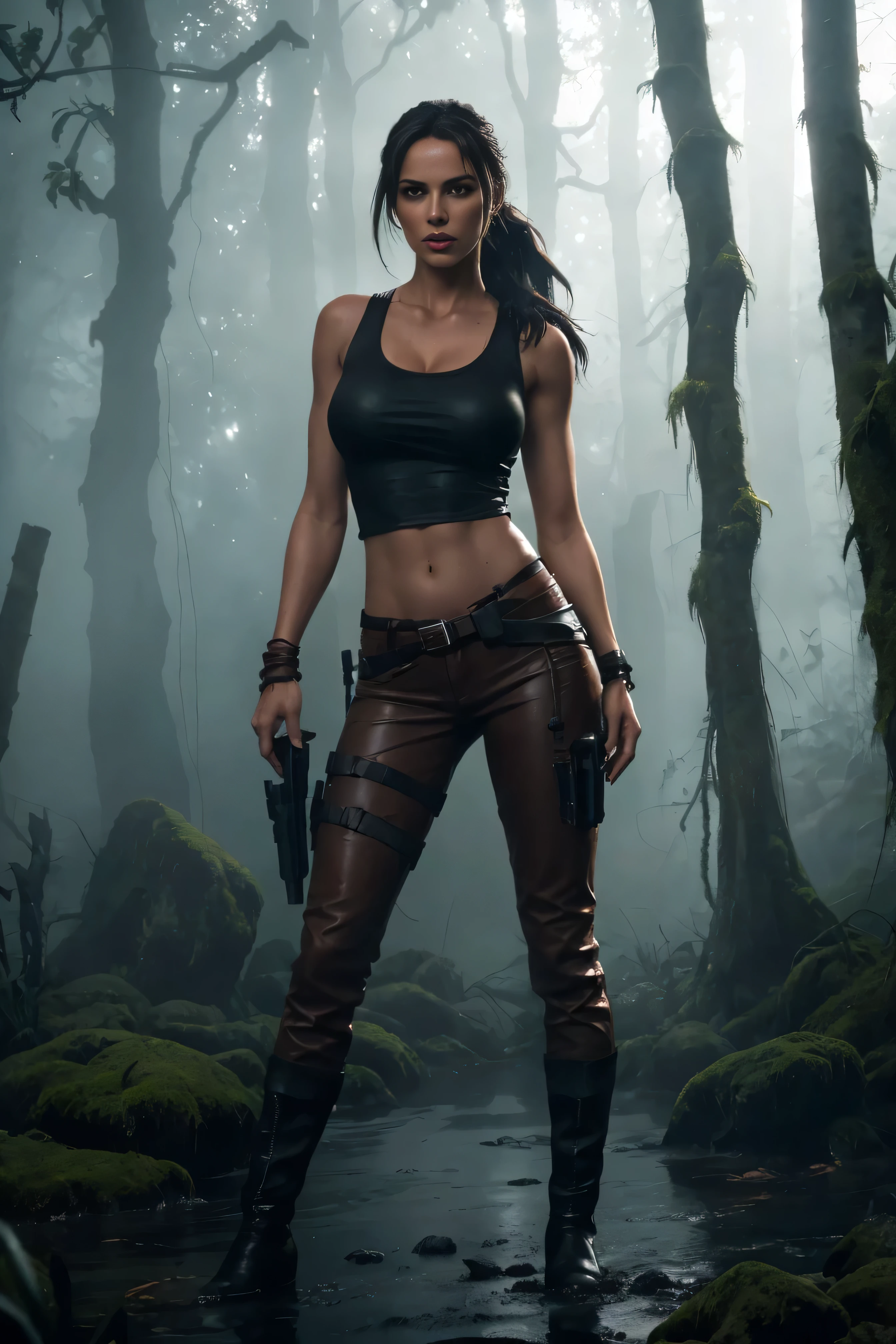 full body lara croft, long brown ponytail, brown eyes, high arched eyebrows, red lips, large breast leather pants, filter sleeveless torn t-shirt deep leather boots in jungle, (Realistic,photoRealistic, photo-Realistic:1.37),Horror, dark and gloomy atmosphere with dramatic lighting, Vivid colors, Foggy surroundings, the trees, covered with moss, detailed facial expression, long wavy hair floats in the water, Reflections on the surface of the water, Eerie fog