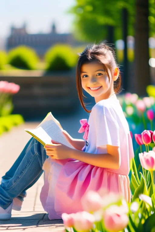Photo, ((autofocus)), (landscape),(masterpiece),(details),A European girl, sitting in the park reading a book, details of blue eyes, cheerful smile, pink t-shirt, white jacket, pink mini skirt. Beautiful and cool garden, pink tulips, bright blue clouds. The atmosphere of London in the afternoon, Sunset. UHD
