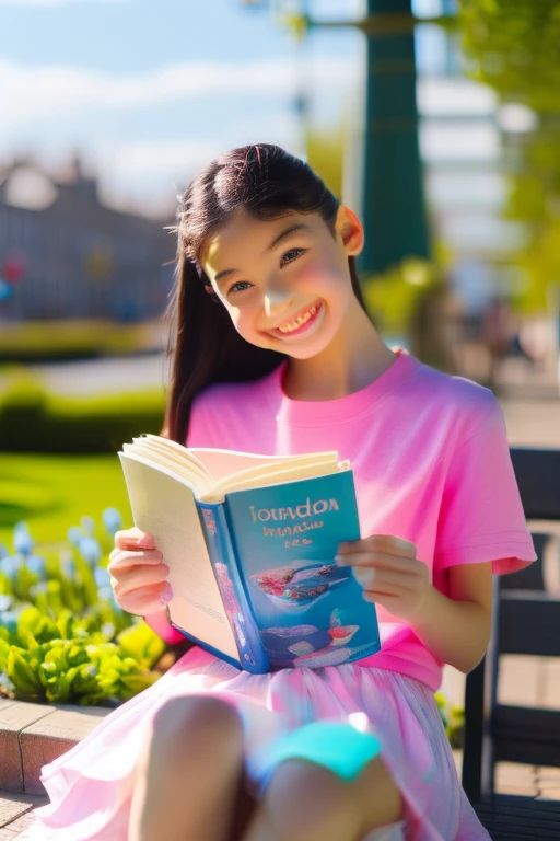 Photo, ((autofocus)), (landscape),(masterpiece),(details),A European girl, sitting in the park reading a book, details of blue eyes, cheerful smile, pink t-shirt, white jacket, pink mini skirt. Beautiful and cool garden, pink tulips, bright blue clouds. The atmosphere of London in the afternoon, Sunset. UHD