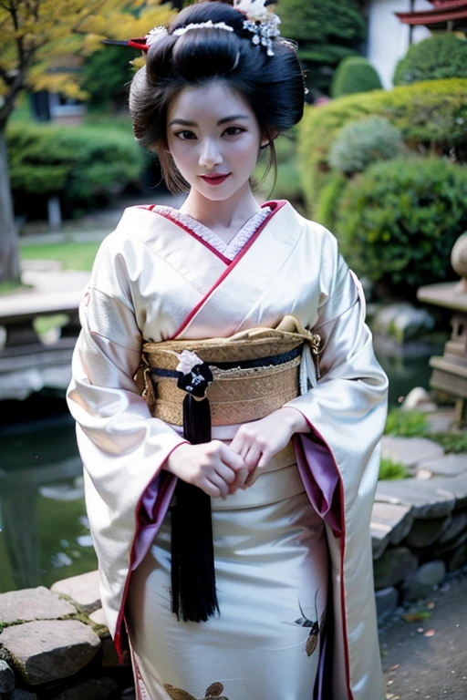Beautiful Geisha, ((extremely detailed)), detailed clothes, Japanese garden