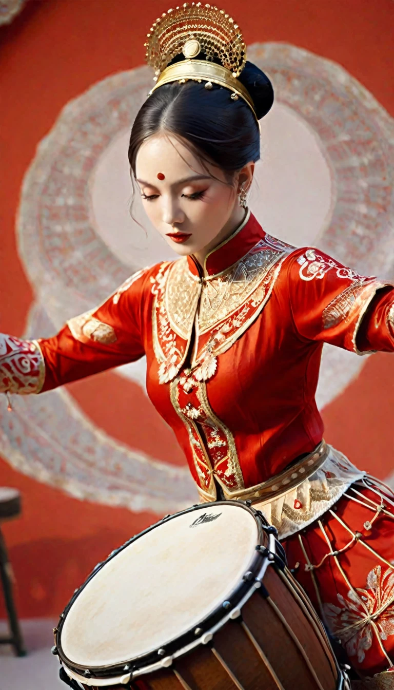 Wearing red classical dance costume.Dancing on the drums.close up.Beautiful and textured foregrounds and backgrounds,detailed, bright, Animation style high definition and high quality presentation((A masterpiece with a resolution of up to 16K):1.6),((soft_color_photography:)1.5), ((Super detailed):1.4),((Typical still images and dynamic angles):1.3), ( perfect anatomy )complex patterns, soft shadows, highly detailed structures, Digital art, high detail,