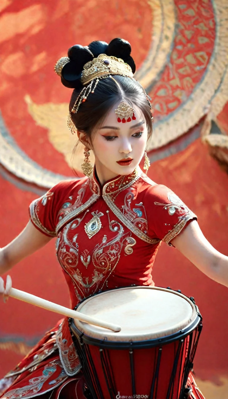 Wearing red classical dance costume.Dancing on the drums.close up.Beautiful and textured foregrounds and backgrounds，detailed, bright, Animation style high definition and high quality presentation((A masterpiece with a resolution of up to 16K):1.6),((soft_color_photography:)1.5), ((Super detailed):1.4),((Typical still images and dynamic angles):1.3), ( perfect anatomy )complex patterns, soft shadows, highly detailed structures, Digital art, high detail, 