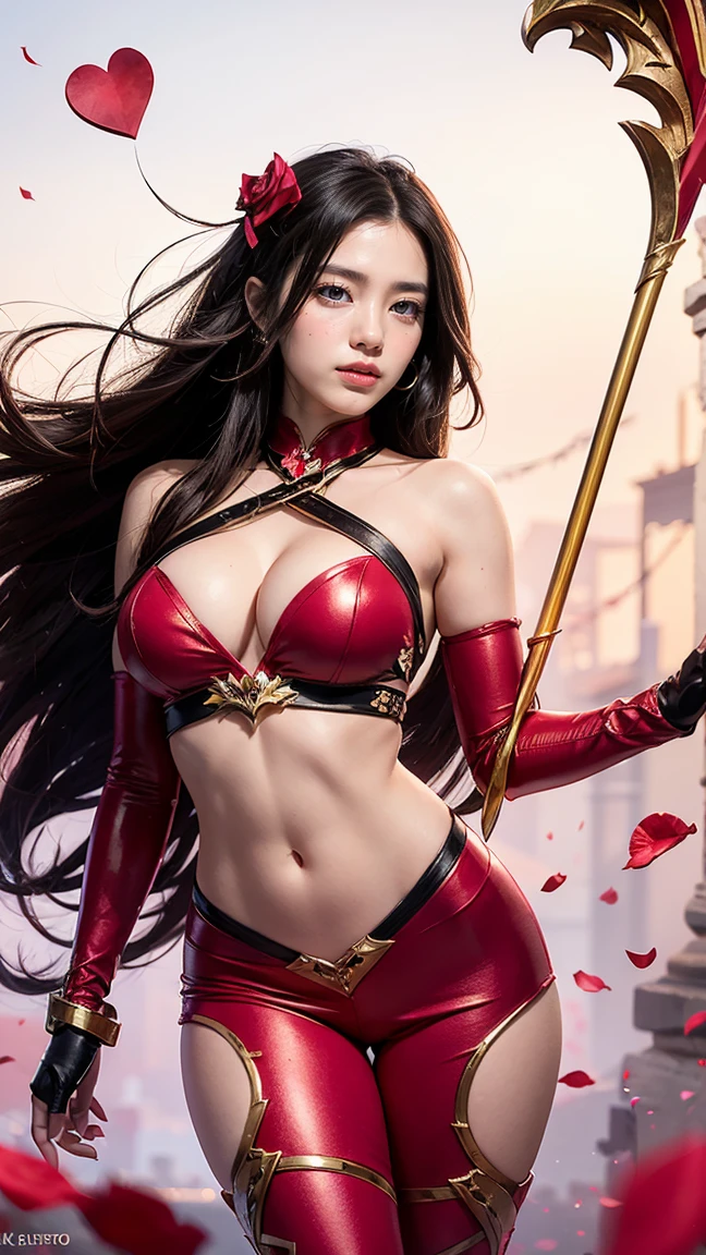 Depict Ashe in her Heartseeker skin from League of Legends by Riot Games,massive k-cups, She wears a vibrant, pink and red outfit with heart-themed embellishments and a decorative bow. The background is a romantic, valentine-themed environment with floating hearts and rose petals.