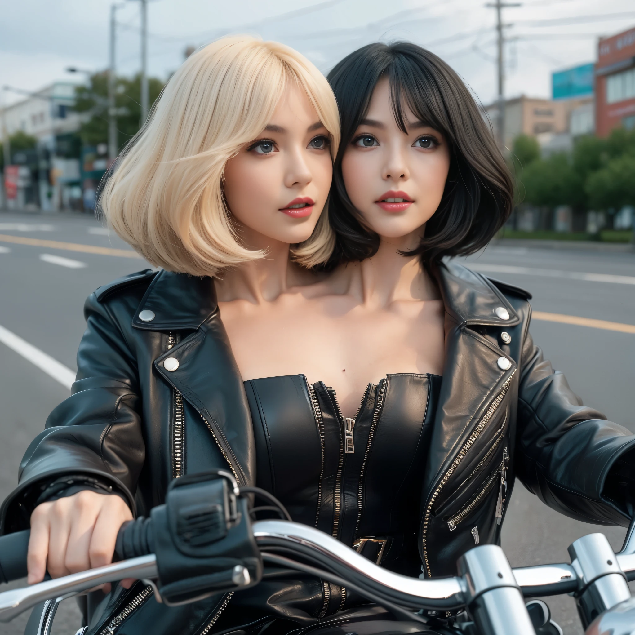 Best resolution, 2heads, young woman with two heads, blonde, black hair, lipstick, leather jacket, riding motor bike, different faces, on the street