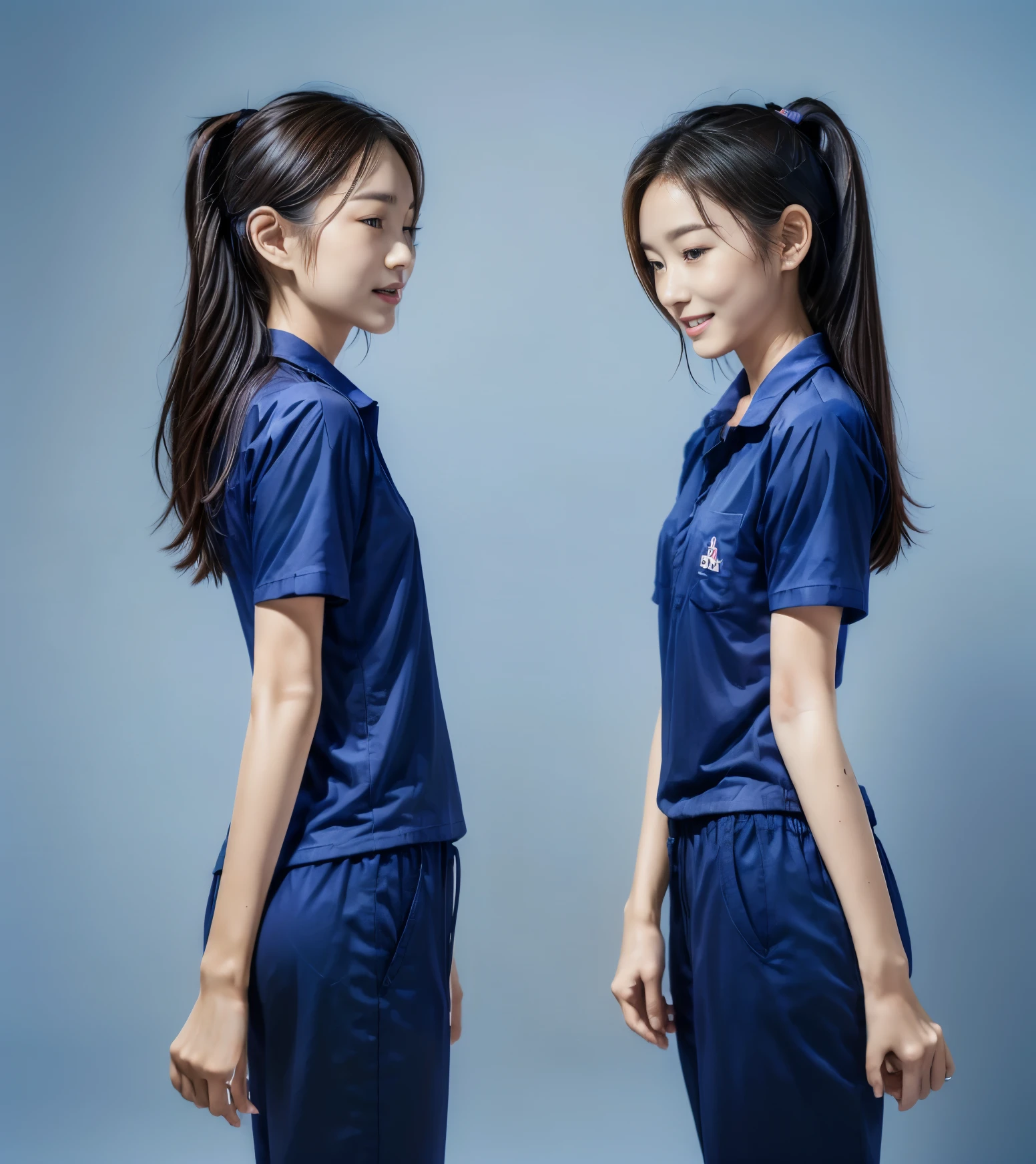 (best quality,10,10,height,Masterpiece:1.2),Special details,(realistic,ภาพrealistic,Realistic photos:1.37),1 Cute girl in the kitchen,shiny, ผิวshiny,only,smile softly,BDclothelue shirt:1.3)),short sleeve,shirt, กางเกงขาlong.,(navy_long_track pants:1.1), ((Kitchen Background)),Dynamic angle,excited,Face focus,dynamic poses,from behind,focus on ass,Masterpiece, best quality, ultra realistic, hyper detail, 8k resolution, raw photos, Sharp focus, ((Navy blue shirt:1.1)), short sleeve, เส้นทางlong, perfect body, 2 mature women, 18 years old, Cinema-grade lighting system,blue sweatpants,shirtผ้าออกกำลังกาย,correct anatomy,perfect body, correct body, Sharp face, correct bodyทางกายวิภาค, full body, realistic gestures, long-haired, realistic poses,Wear long shorts...........................,ช่วงขาlong,Good shape,carved girl, Slender figure, model, Good shape, beautiful body,blue sweatpants, two girls kissing