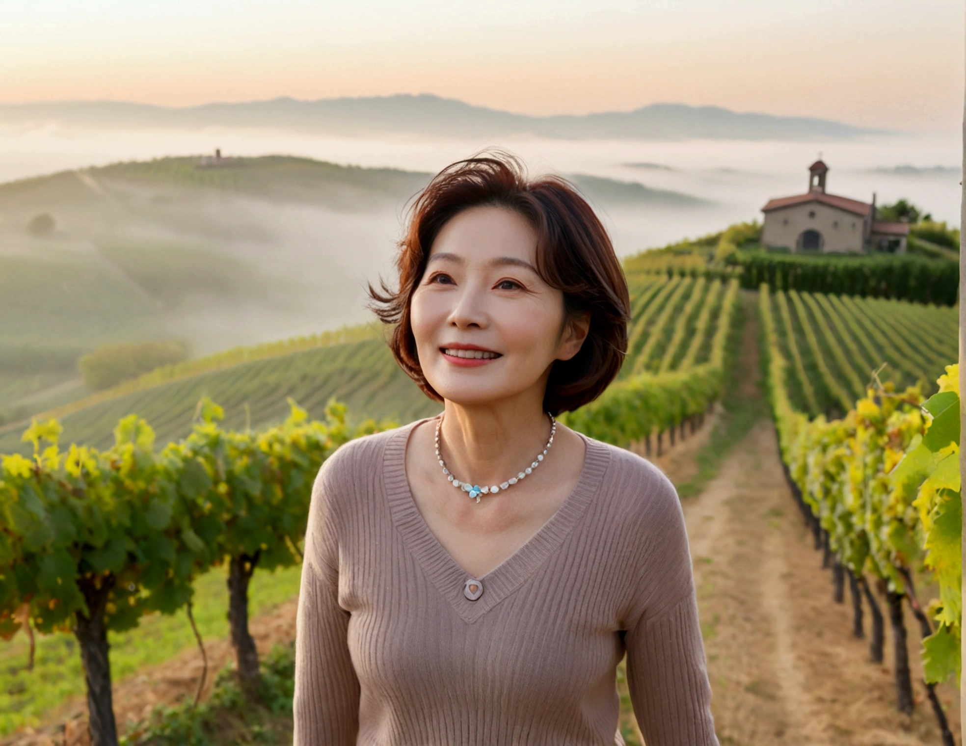 Italy foggy countryside dawn, Endless vineyards, A cathedral can be seen far away in the fog.. Close-up of a Korean woman in her 40s, Wearing a luxury brand slightly thick knit, casual pants, Korean woman with beautiful short medium bob hair, Standing on a path on top of a vineyard hill, Beautiful Korean woman with bright and clear skin, Stunning Korean woman smiling, standing in the vineyard , Cowboy Shot Pose, necklet, 1 woman