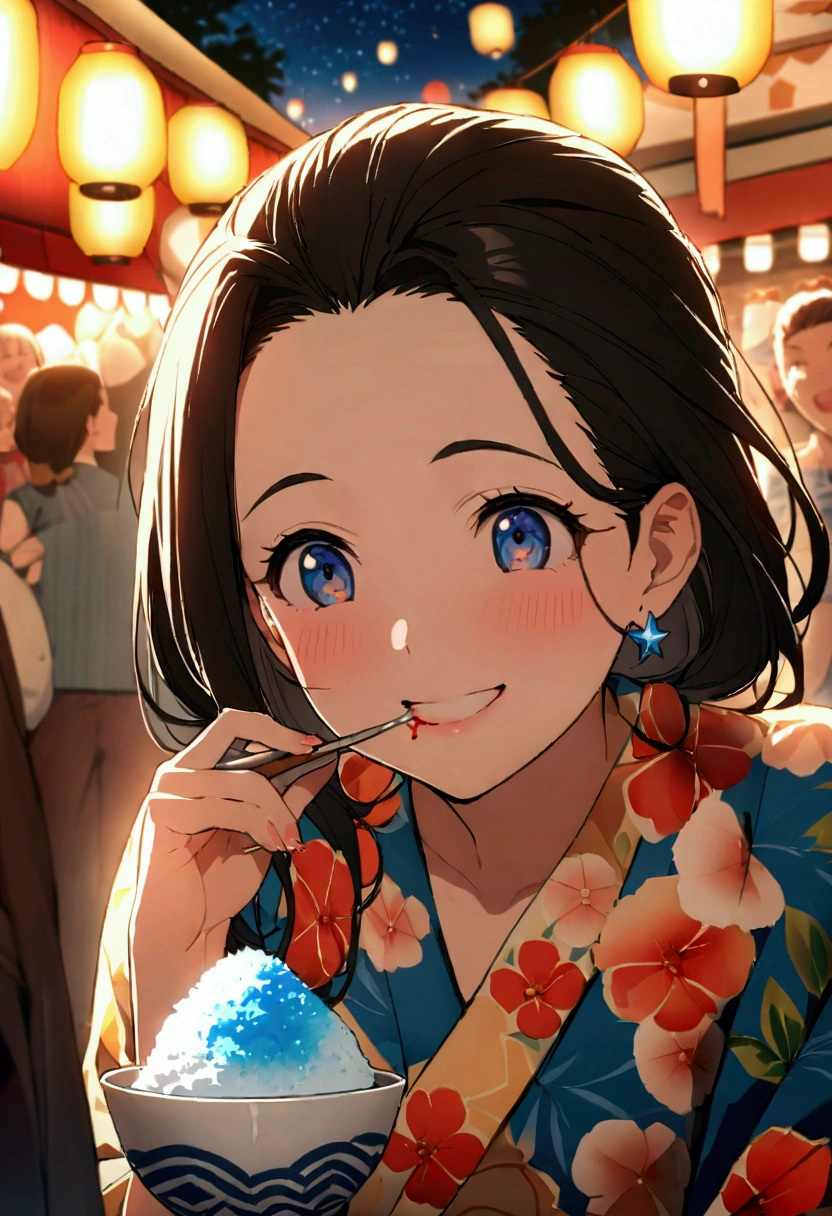 Masterpiece, top quality, 8k, super detailed,anime portrait, On a summer festival night, a beautiful girl is enjoying a large bowl of shaved ice in her hand on the street at the fair, warmly lit by lanterns. Her yukata is decorated with bright floral and star patterns, and her obi sash sways gracefully. The shaved ice in her hand is covered with brightly colored blue Hawaiian and strawberry syrups, and the fluffy ice is heaped up like a mountain. The beautiful girl takes a large bite with a small spoon and brings it to her mouth, her cheeks flushed and smiling happily, though she looks surprised at how cold it is. A bit of shaved ice syrup lingers on her lips, making her smile even more attractive. Her hair is pulled back loosely, and an ornament resembling a summer flower swings around her ear. In the background, other stalls and people laughing happily are blurred in the background, creating a lively atmosphere of a summer festival.Mysterious, fantastic, super-detailed universe, stars twinkling and twinkling.