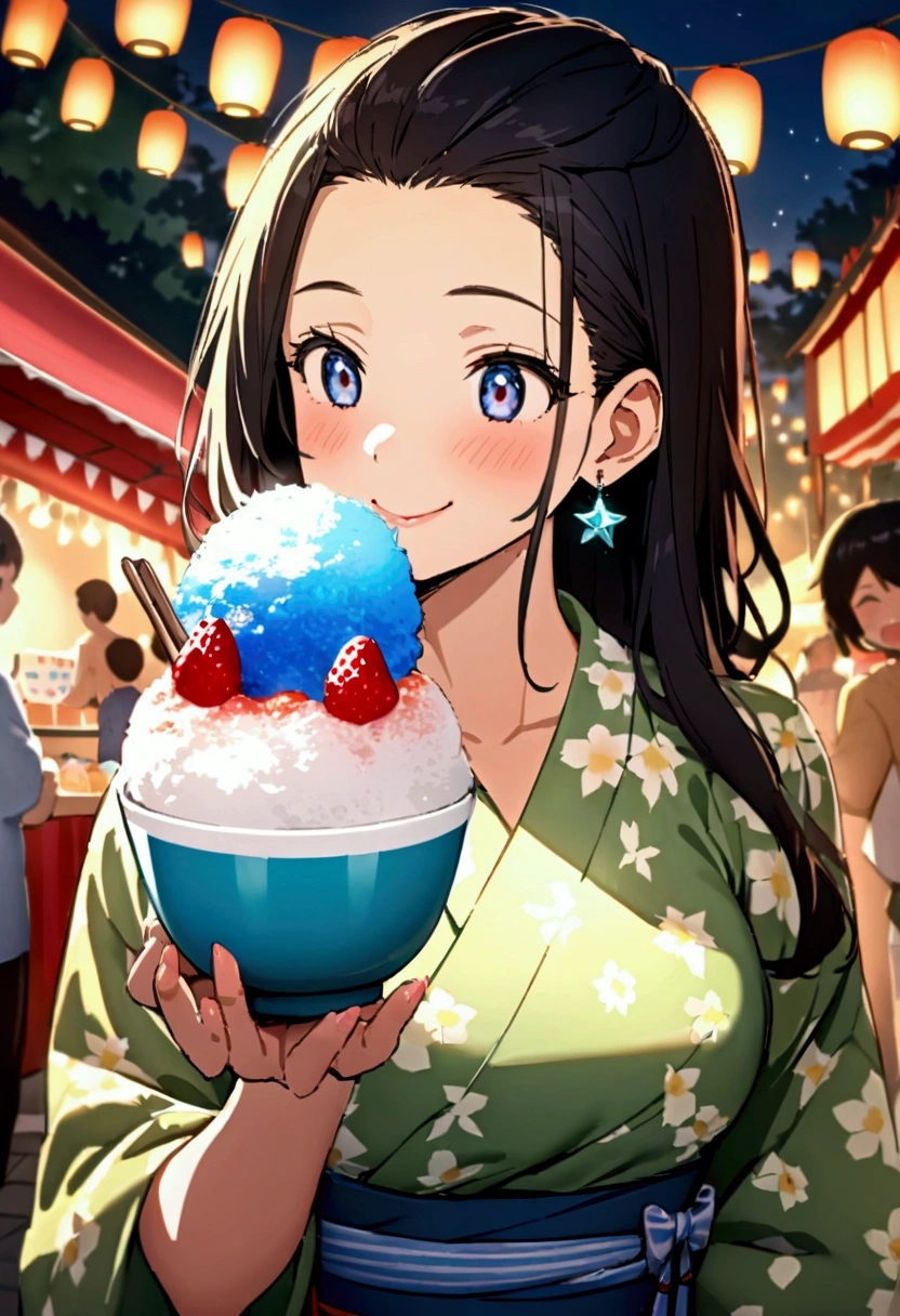 Masterpiece, top quality, 8k, super detailed,anime portrait, On a summer festival night, a beautiful girl is enjoying a large bowl of shaved ice in her hand on the street at the fair, warmly lit by lanterns. Her yukata is decorated with bright floral and star patterns, and her obi sash sways gracefully. The shaved ice in her hand is covered with brightly colored blue Hawaiian and strawberry syrups, and the fluffy ice is heaped up like a mountain. The beautiful girl takes a large bite with a small spoon and brings it to her mouth, her cheeks flushed and smiling happily, though she looks surprised at how cold it is. A bit of shaved ice syrup lingers on her lips, making her smile even more attractive. Her hair is pulled back loosely, and an ornament resembling a summer flower swings around her ear. In the background, other stalls and people laughing happily are blurred in the background, creating a lively atmosphere of a summer festival.Mysterious, fantastic, super-detailed universe, stars twinkling and twinkling.