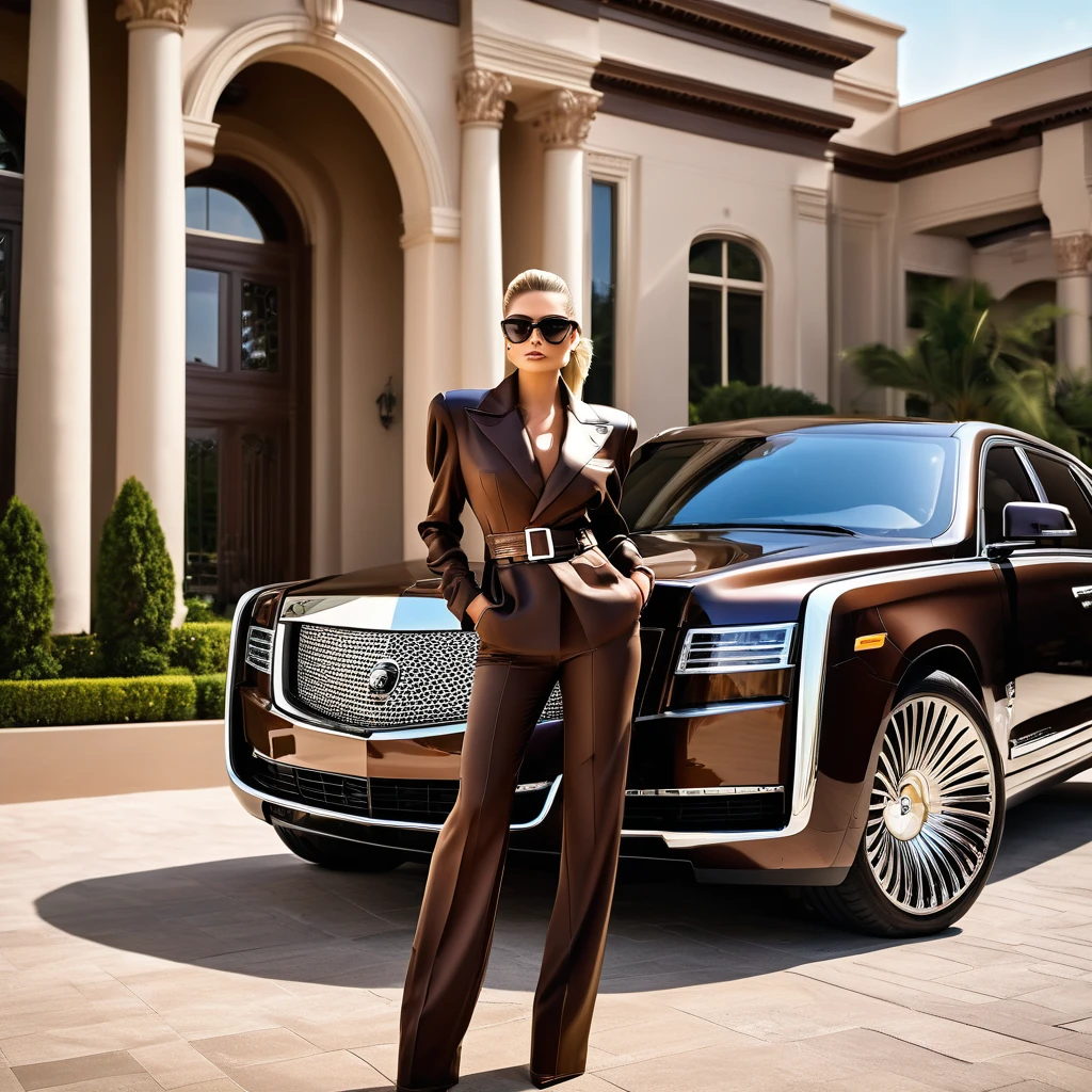 realistic photo, scorching hot day, stunningly beautiful young snob arrogant woman, extravagant luxurious modern private chocolate colored mansion front, chocolate aviator shades, chocolate belted chocolate colored leather business chocolate suit with exaggerated gigantic poofy wide shoulder pads, very wide collar, wide lapels, slick tight long blond ponytail, huge eyes, luxurious chocolate colored SUV limousine, exaggerated opulence, exaggerated riches, exaggerated wealth, exaggerated lavishness, ultra HD, cinematic, ultra realistic, dramatic lighting
