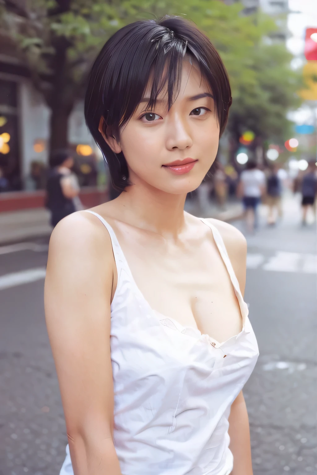 NSFW:1.5,((highest quality、8K resolution、master masterpiece、portrait:1.3)), Photoreal, 35mm film, 1 Japanese female, Upper body、on the street during the day, wrinkles around the eyes、plump body、cleavage、boyish_pixie cut、smile,((sexy camisole :1.3)) , (outdoor:city street 1.3), jumbled background,look at the audience,Tokyo cityscape:1.3